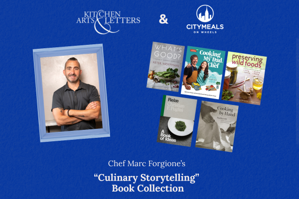 Graphic promoting Citymeals' partnership with Kitchen Arts and Letters selling cookbook collection selected by Chef Marc Forgione.