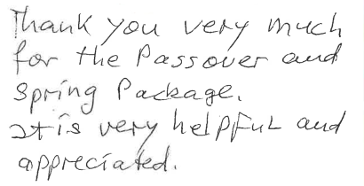 A handwritten note, reading: Thank you very much for the Passover and Spring Package. It is very helpful and appreciated.